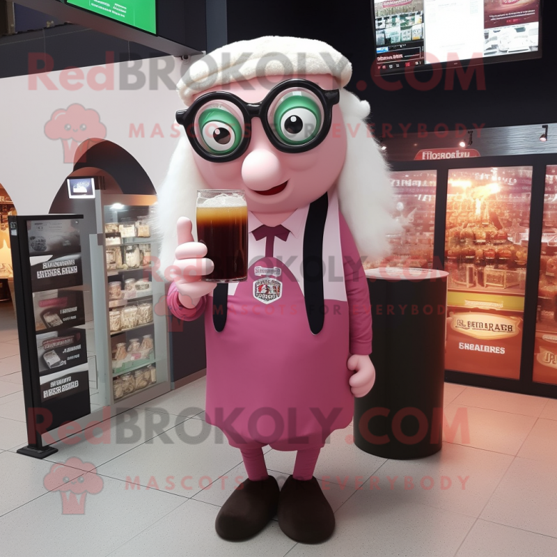 Pink Guinness mascot costume character dressed with a Blouse and Reading glasses Pink Guinness mascot costume character dressed with a Blouse and Reading glasses