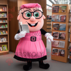 Pink Guinness mascot costume character dressed with a Blouse and Reading glasses