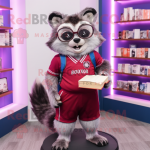 Magenta Raccoon mascot costume character dressed with a Shorts and Reading glasses