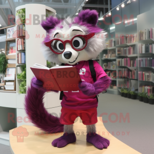 Magenta Raccoon mascot costume character dressed with a Shorts and Reading glasses