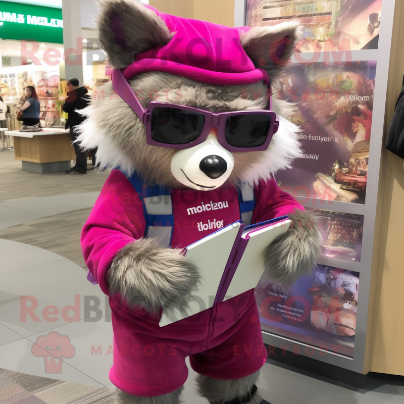 Magenta Raccoon mascot costume character dressed with a Shorts and Reading glasses Magenta Raccoon mascot costume character dressed with a Shorts and Reading glasses