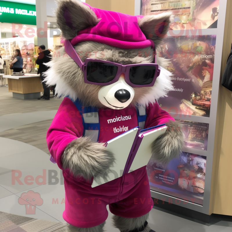 Magenta Raccoon mascot costume character dressed with a Shorts and Reading glasses