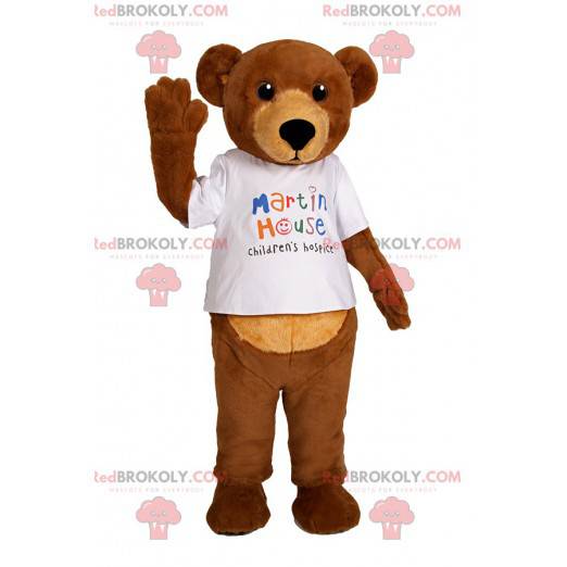 Bear mascot touching with his white t-shirt - Redbrokoly.com