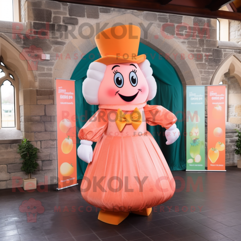 Peach Irish Castle mascot costume character dressed with a A-Line Dress and Bow ties Peach Irish Castle mascot costume character dressed with a A-Line Dress and Bow ties