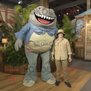 Olive Megalodon mascot costume character dressed with a Chambray Shirt and Watches