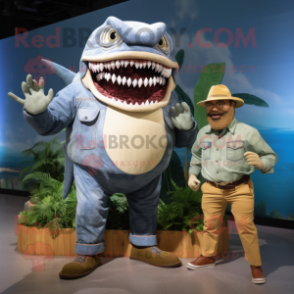 Olive Megalodon mascot costume character dressed with a Chambray Shirt and Watches