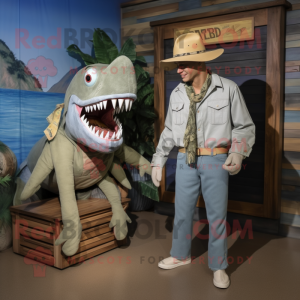 Olive Megalodon mascot costume character dressed with a Chambray Shirt and Watches