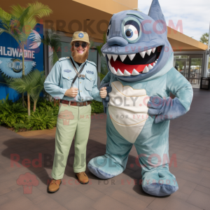 Olive Megalodon mascot costume character dressed with a Chambray Shirt and Watches