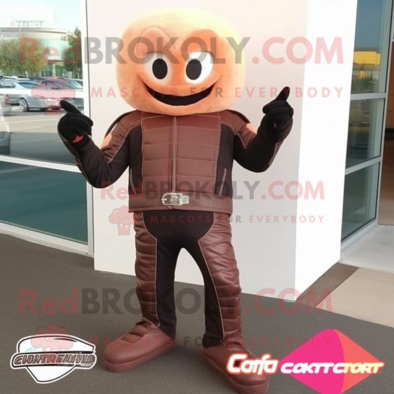 Peach Chocolate Bars mascot costume character dressed with a Moto Jacket and Foot pads Peach Chocolate Bars mascot costume character dressed with a Moto Jacket and Foot pads