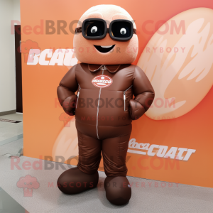 Peach Chocolate Bars mascot costume character dressed with a Moto Jacket and Foot pads