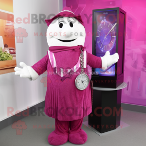 Magenta Wrist Watch mascot costume character dressed with a Waistcoat and Shawl pins