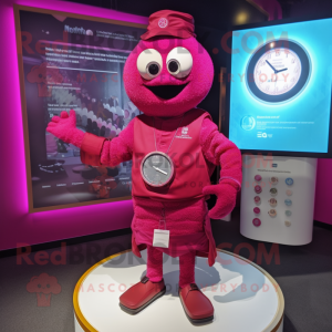 Magenta Wrist Watch mascot costume character dressed with a Waistcoat and Shawl pins