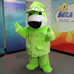 Lime Green Stellar'S Sea Cow mascot costume character dressed with a Jacket and Beanies