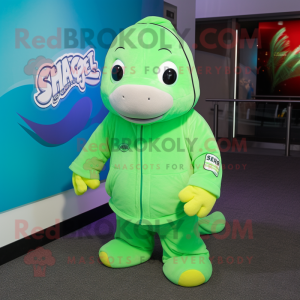 Lime Green Stellar'S Sea Cow mascot costume character dressed with a Jacket and Beanies