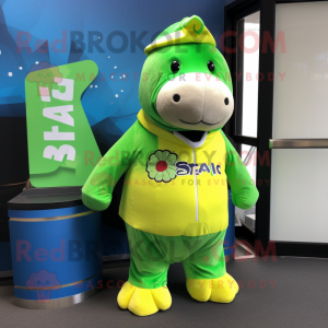 Lime Green Stellar'S Sea Cow mascot costume character dressed with a Jacket and Beanies