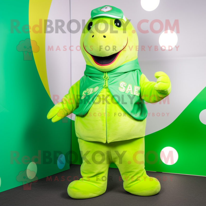 Lime Green Stellar'S Sea Cow mascot costume character dressed with a Jacket and Beanies