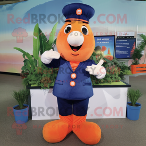 Navy Carrot mascot costume character dressed with a Romper and Foot pads