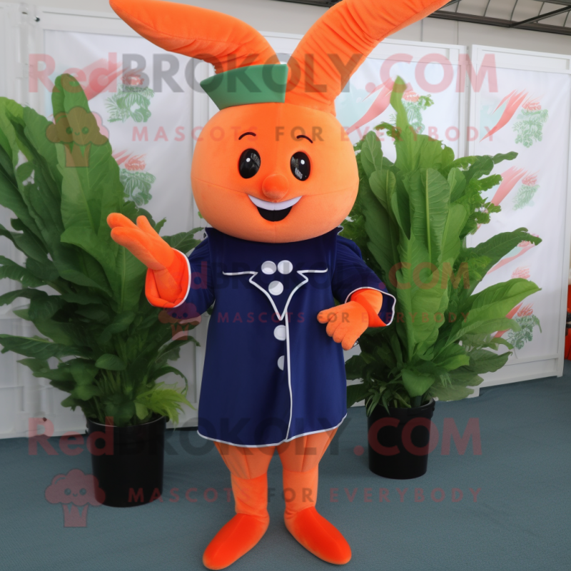 Navy Carrot mascot costume character dressed with a Romper and Foot pads Navy Carrot mascot costume character dressed with a Romper and Foot pads