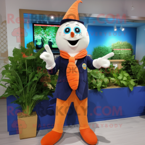 Navy Carrot mascot costume character dressed with a Romper and Foot pads