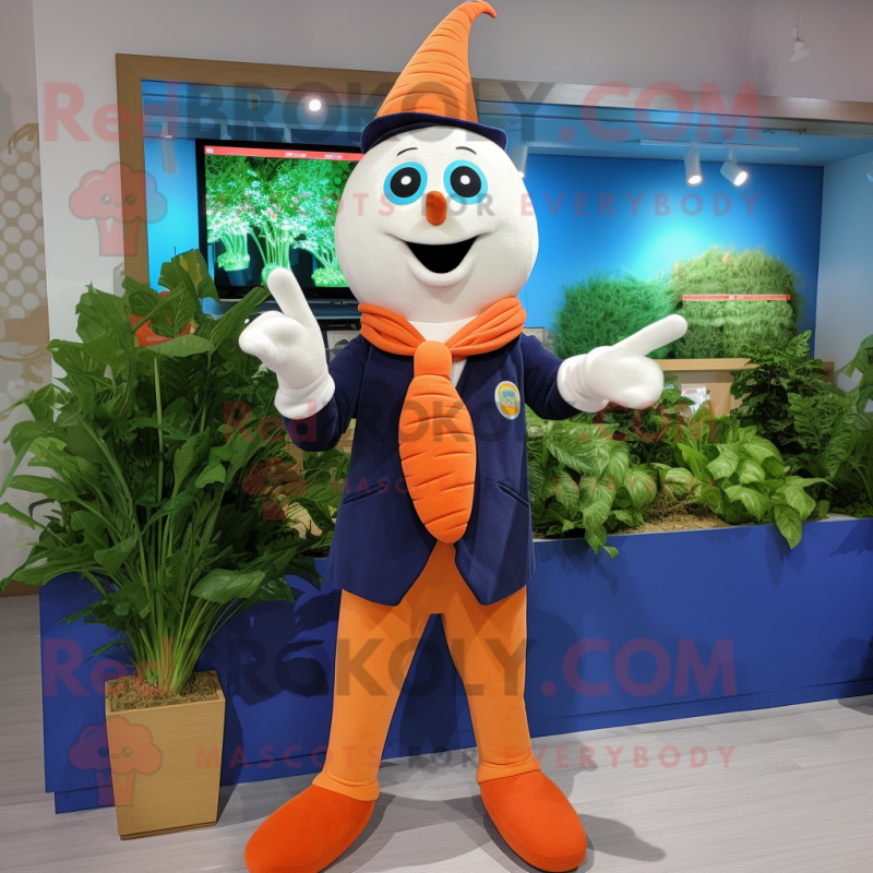 Navy Carrot mascot costume character dressed with a Romper and Foot pads Navy Carrot mascot costume character dressed with a Romper and Foot pads
