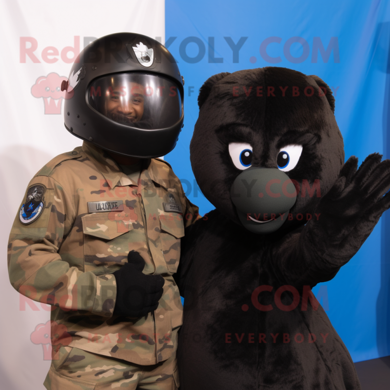 Black Air Force Soldier mascot costume character dressed with a Cover-up and Mittens