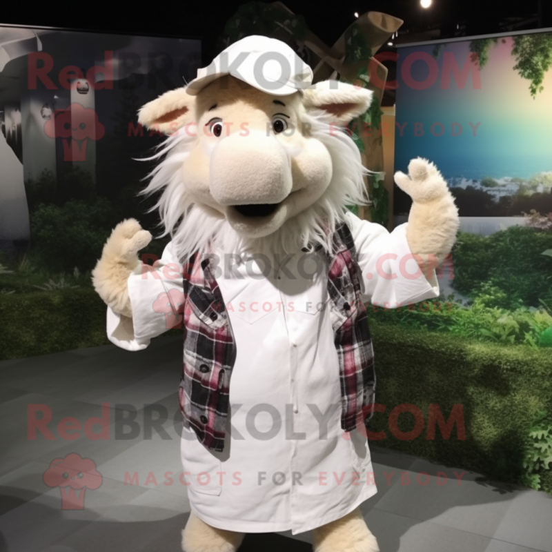 White Wild Boar mascot costume character dressed with a Blouse and Beanies White Wild Boar mascot costume character dressed with a Blouse and Beanies