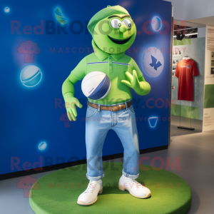 Green Rugby Ball mascot costume character dressed with a Boyfriend Jeans and Lapel pins