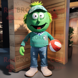 Green Rugby Ball mascot costume character dressed with a Boyfriend Jeans and Lapel pins