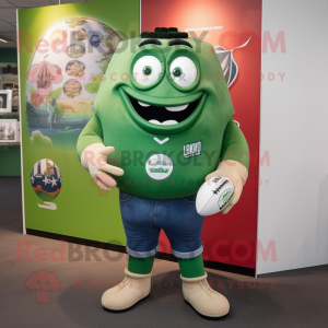 Green Rugby Ball mascot costume character dressed with a Boyfriend Jeans and Lapel pins