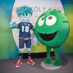 Green Rugby Ball mascot costume character dressed with a Boyfriend Jeans and Lapel pins