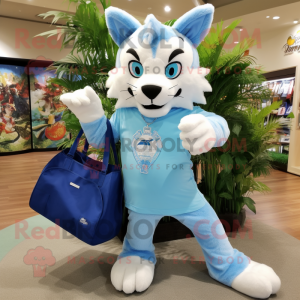 Sky Blue Lynx mascot costume character dressed with a Bermuda Shorts and Tote bags