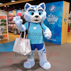 Sky Blue Lynx mascot costume character dressed with a Bermuda Shorts and Tote bags