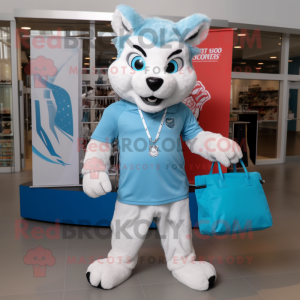 Sky Blue Lynx mascot costume character dressed with a Bermuda Shorts and Tote bags