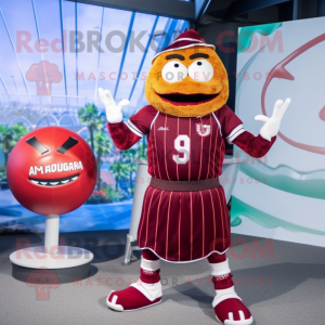 Maroon Burgers mascot costume character dressed with a One-Piece Swimsuit and Rings