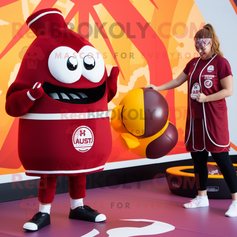 Maroon Burgers mascot costume character dressed with a One-Piece Swimsuit and Rings