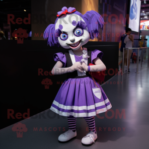 Purple Mime mascot costume character dressed with a Mini Skirt and Backpacks