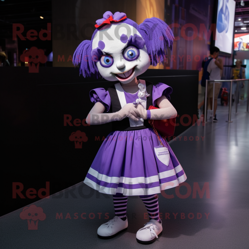 Purple Mime mascot costume character dressed with a Mini Skirt and Backpacks Purple Mime mascot costume character dressed with a Mini Skirt and Backpacks