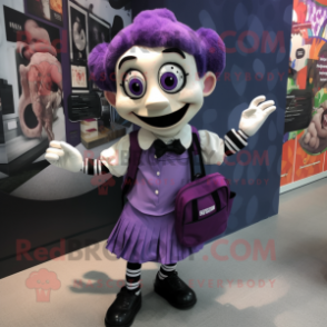 Purple Mime mascot costume character dressed with a Mini Skirt and Backpacks