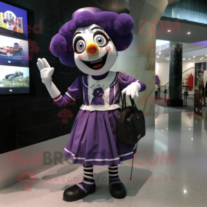 Purple Mime mascot costume character dressed with a Mini Skirt and Backpacks