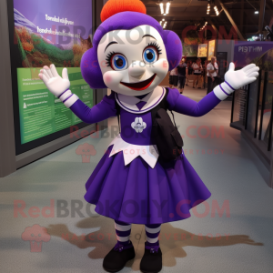 Purple Mime mascot costume character dressed with a Mini Skirt and Backpacks