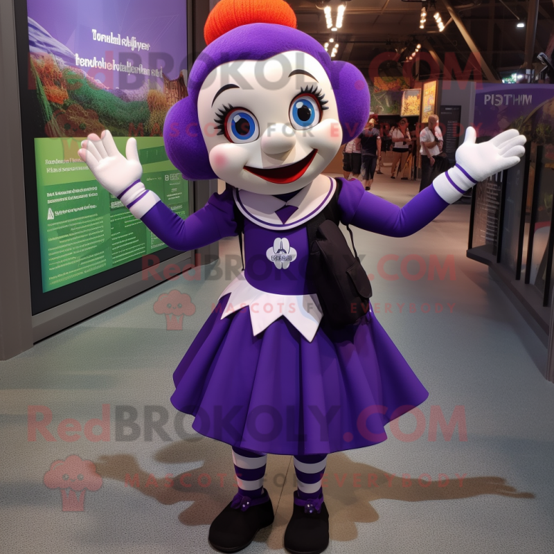 Purple Mime mascot costume character dressed with a Mini Skirt and Backpacks Purple Mime mascot costume character dressed with a Mini Skirt and Backpacks