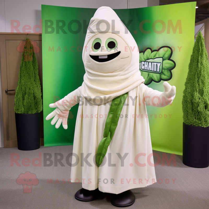 White Celery mascot costume character dressed with a Wrap Skirt and Beanies