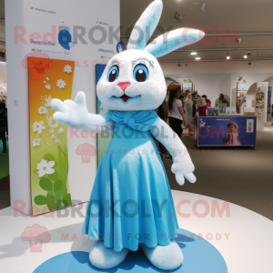Sky Blue Rabbit mascot costume character dressed with a Maxi Dress and Keychains