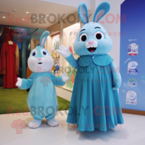 Sky Blue Rabbit mascot costume character dressed with a Maxi Dress and Keychains