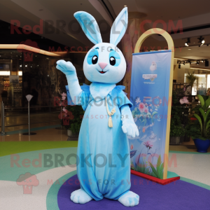 Sky Blue Rabbit mascot costume character dressed with a Maxi Dress and Keychains