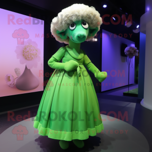 Green Sheep mascot costume character dressed with a Ball Gown and Hat pins