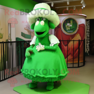 Green Sheep mascot costume character dressed with a Ball Gown and Hat pins