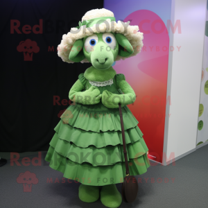 Green Sheep mascot costume character dressed with a Ball Gown and Hat pins
