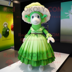 Green Sheep mascot costume character dressed with a Ball Gown and Hat pins