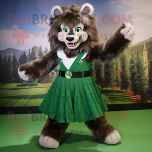 Forest Green Werewolf mascot costume character dressed with a Circle Skirt and Hair clips